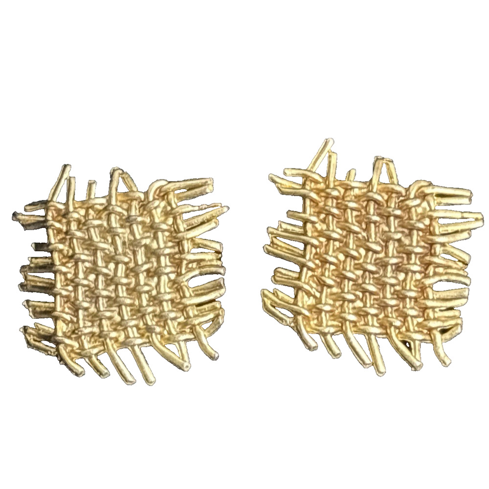 Woven Pattern Textured Stud Earrings Gold Tone Statement Woven Earrings 1.5"x1.5
